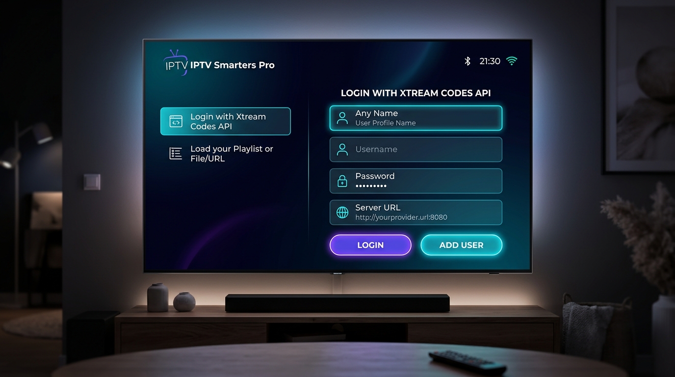 IPTV Smarters Pro Xtream Codes API Login Screen Interface