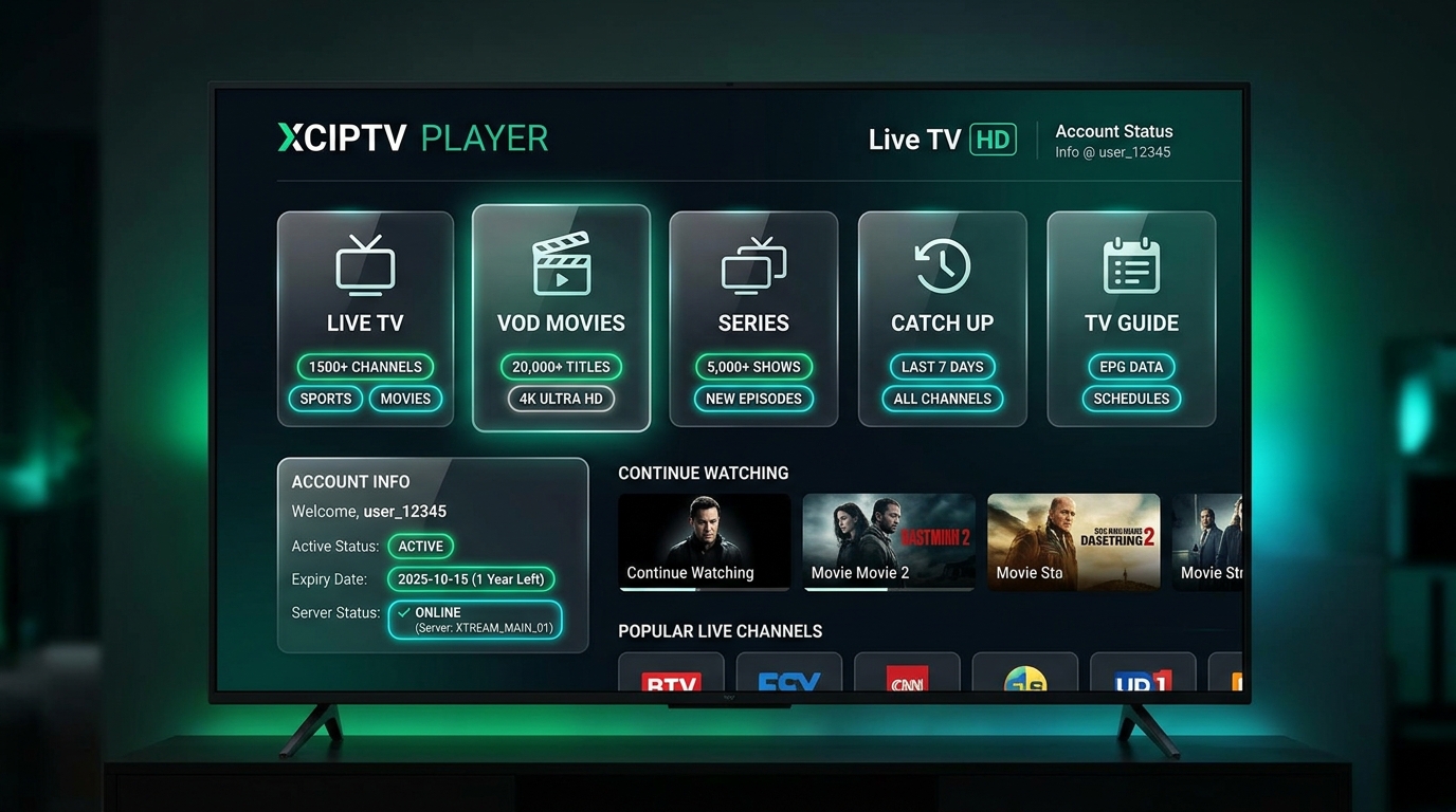 XCIPTV Player Modern TV Dashboard Interface
